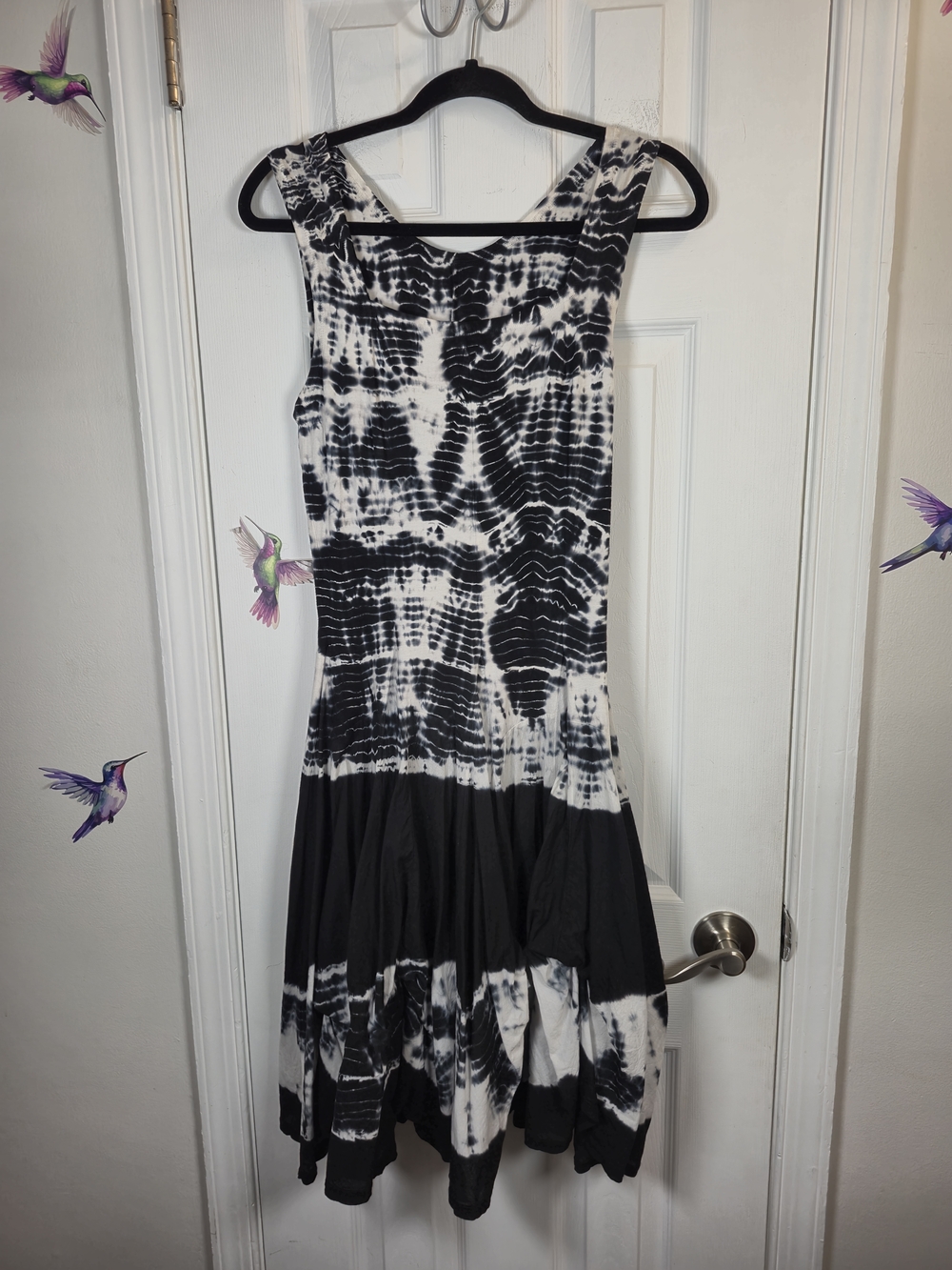 Luna Luz Black White Tie Dye Bubble Hem Whimsigoth Midi Dress Medium